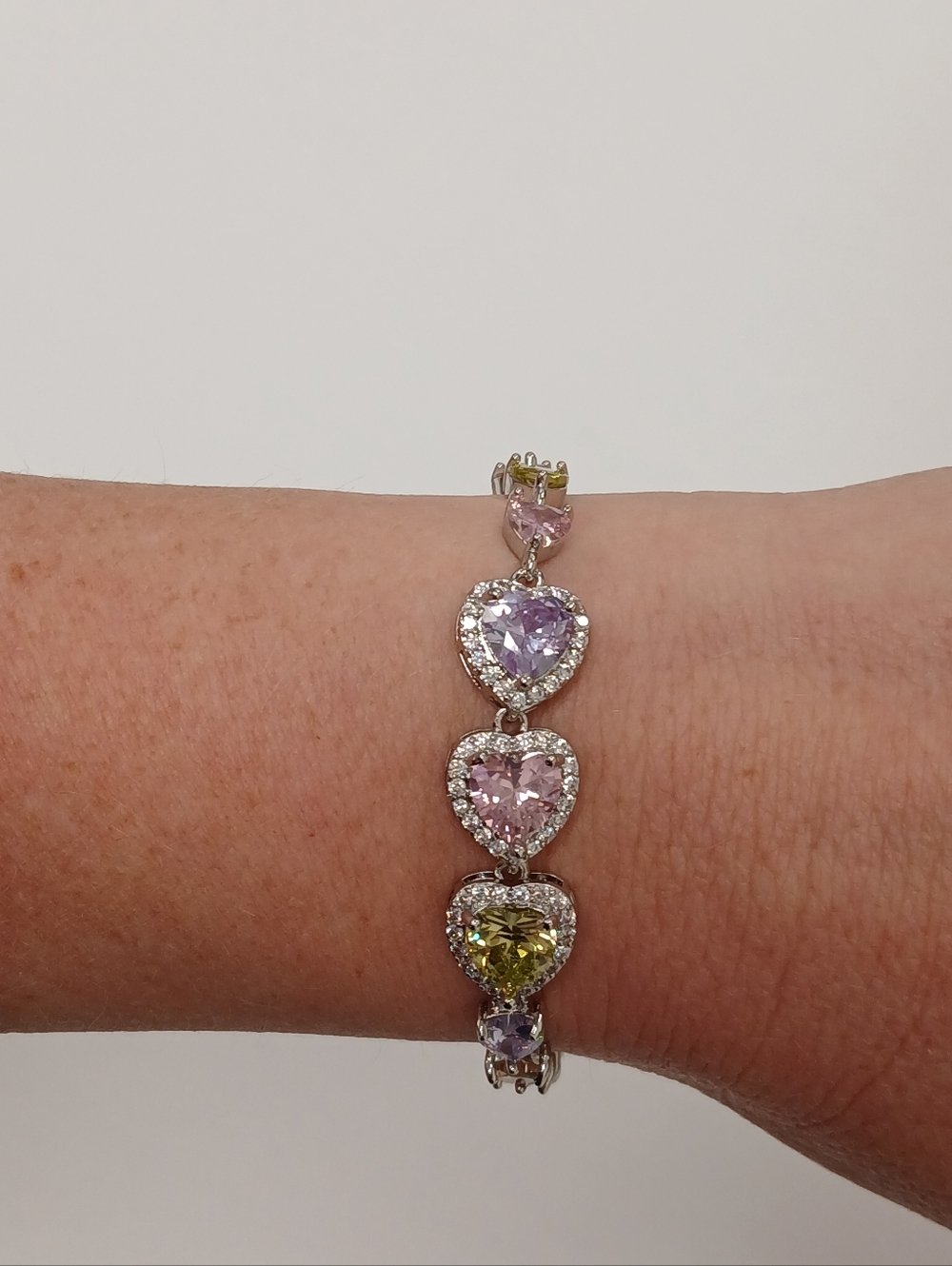 White Gold Filled Heart Halo Bracelet W Pink, Lavender and Yellow Candy Stone 7"